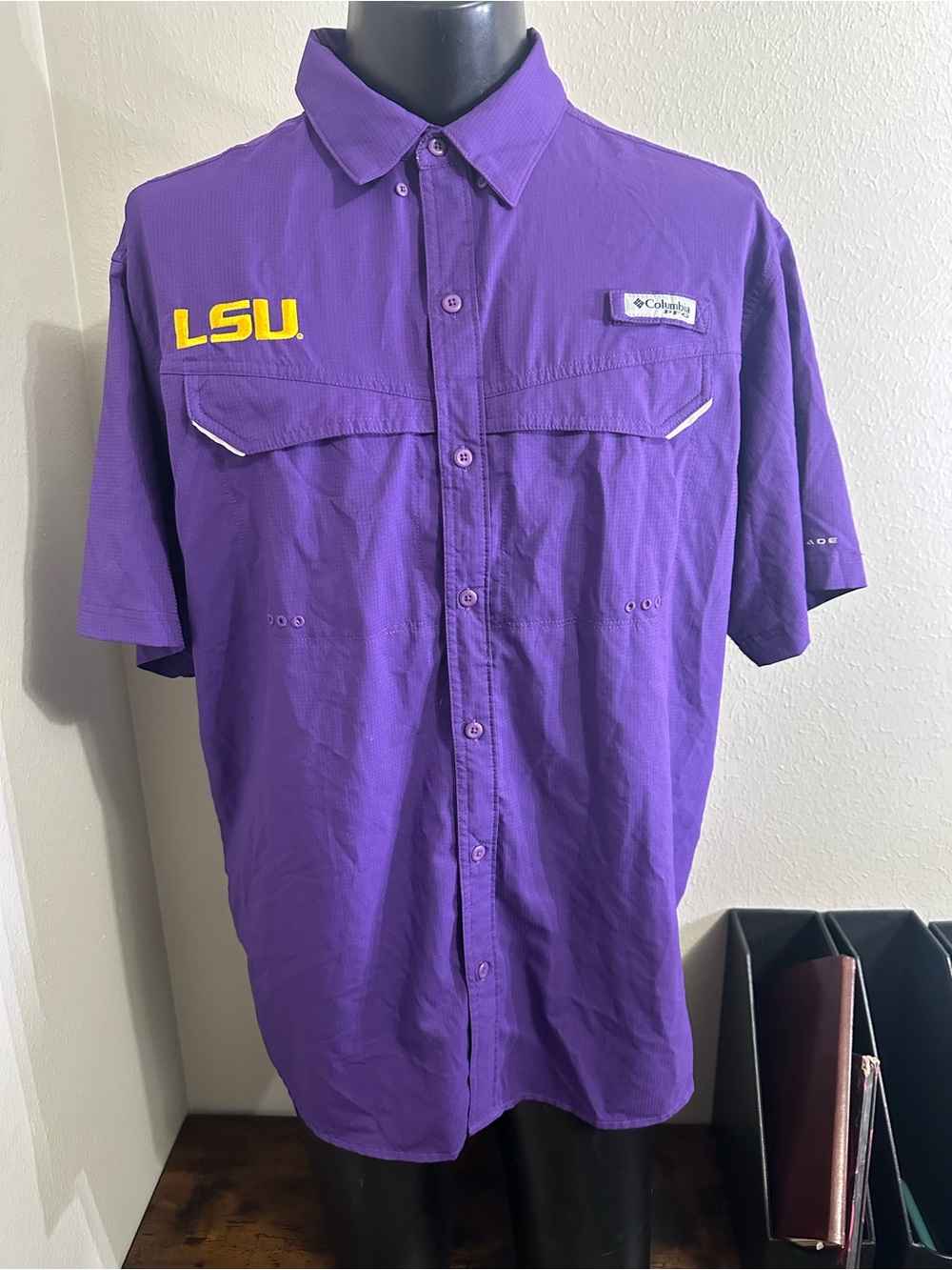 Columbia Purple LSU Short Sleeve fishing Shirt